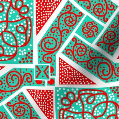 Turquoise and Red Scrolls Whirling with Dots