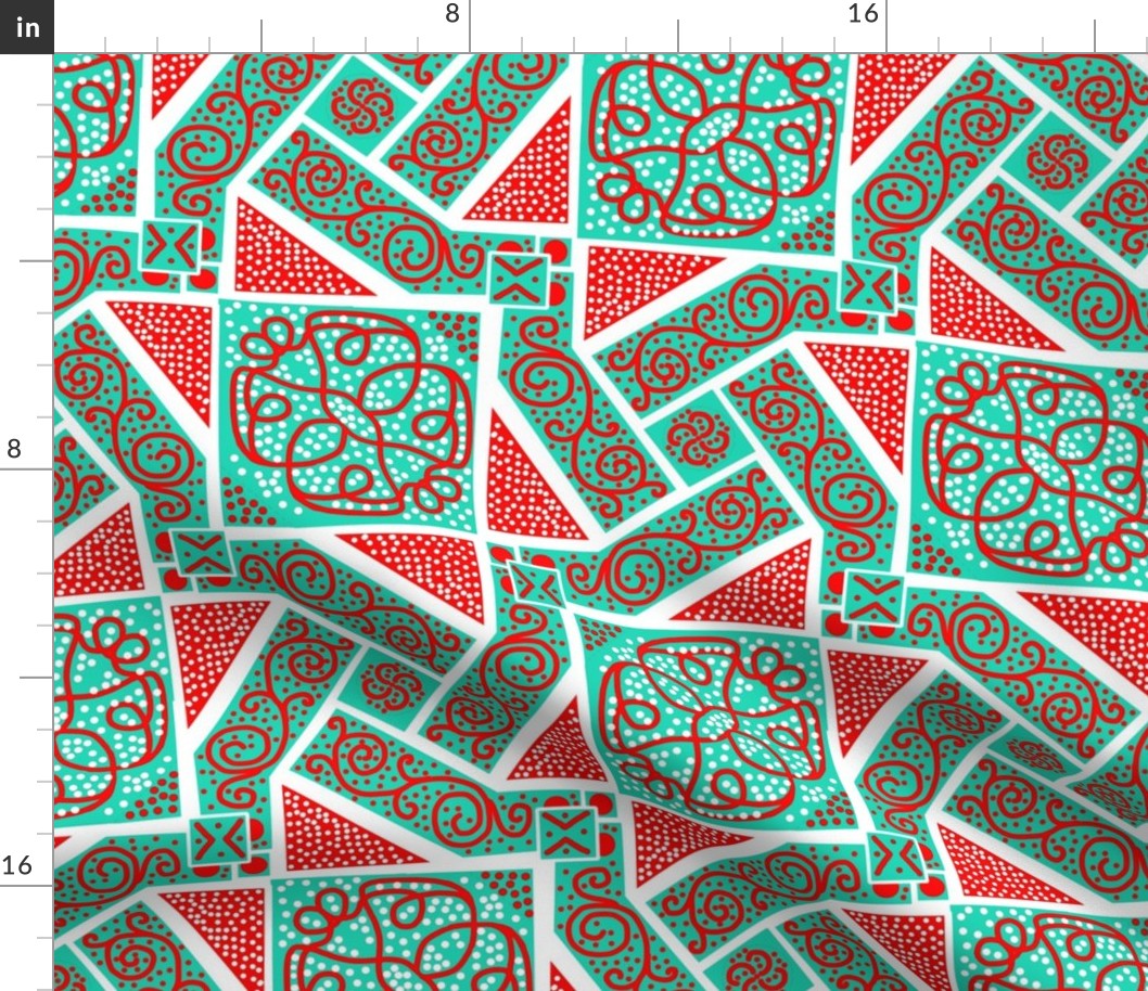 Turquoise and Red Scrolls Whirling with Dots