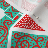 Turquoise and Red Scrolls Whirling with Dots on White