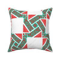 Turquoise and Red Scrolls Whirling with Dots on White