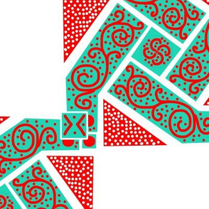 Turquoise and Red Scrolls Whirling with Dots on White