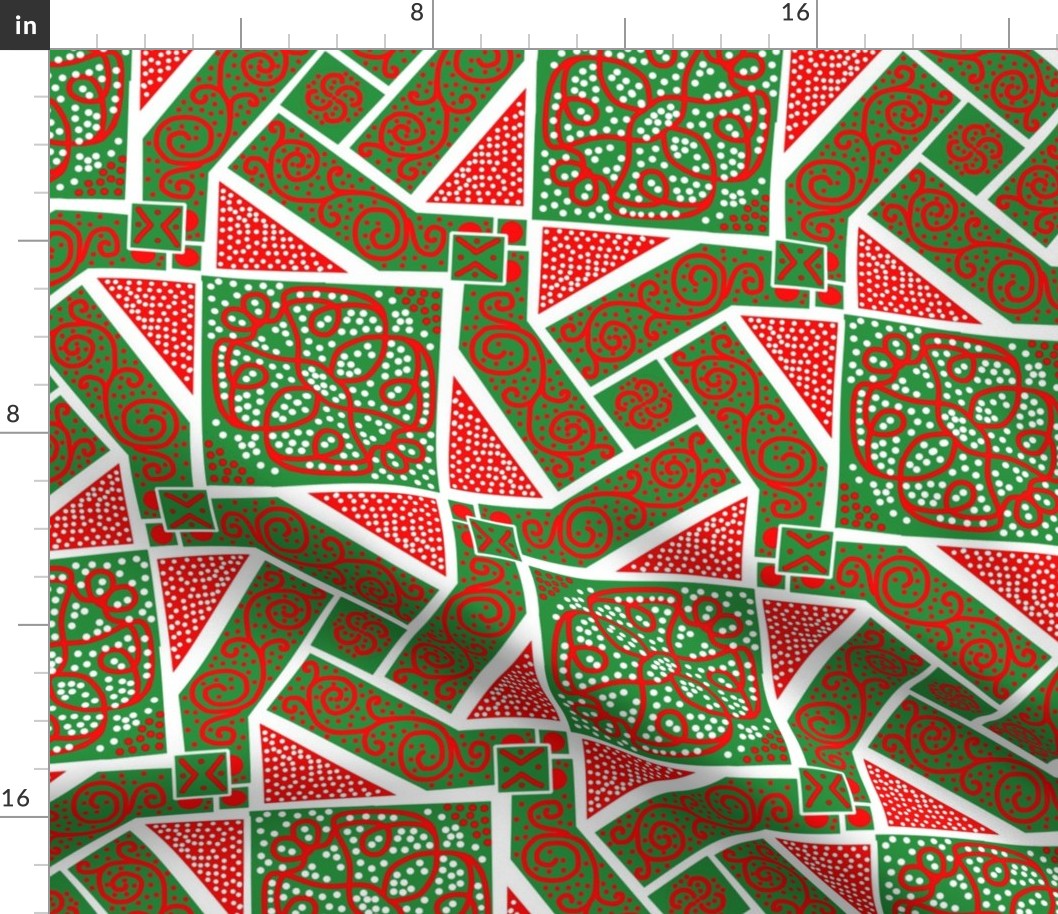 Christmas Red and Green Scrolls Whirling with Dots