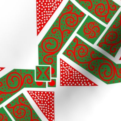 Christmas Red and Green Scrolls Whirling with Dots on White