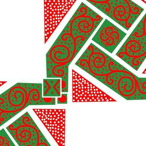 Christmas Red and Green Scrolls Whirling with Dots on White