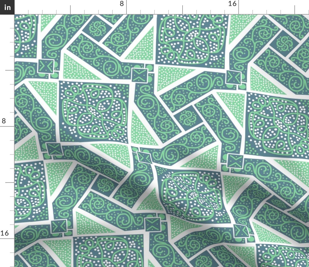 Mint and Sage Green Scrolls Whirling with Dots