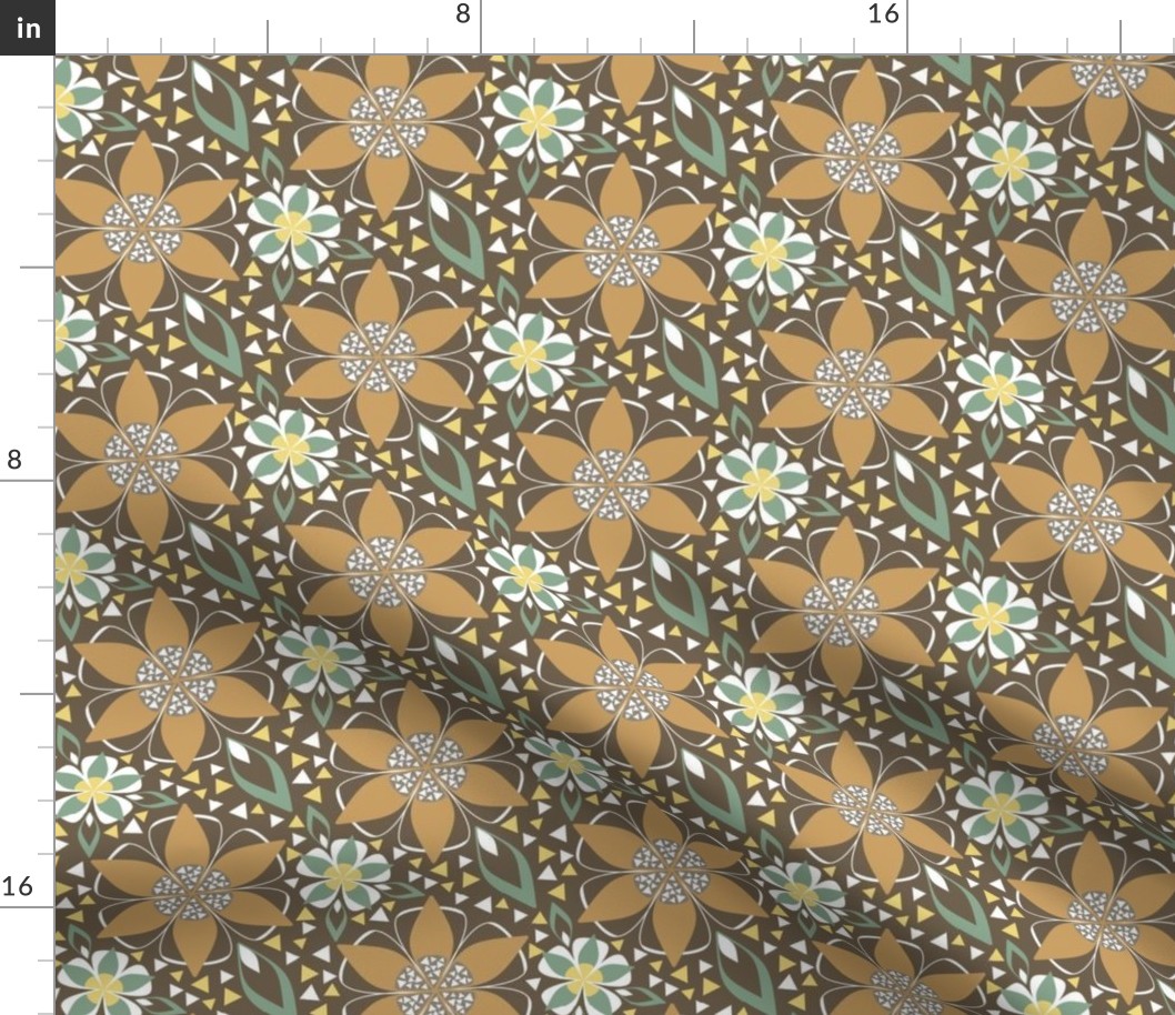 Art Deco Star Floral in Gold and Brown Earth Tone 