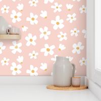 Daisy fabric in small - Pink and mustard yellow daisies
