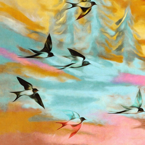 Abstract Landscape with Swallows at Sunset