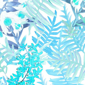 Orchids + Ferns Blue on White 150