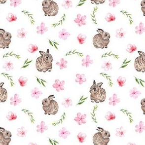 SMALL - baby bunny fabric - easter egg fabric, easter fabric, cherry blossom fabric, easter floral fabric - white