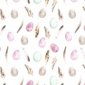 SMALL - eggs and feathers - egg fabric, easter fabric, easter egg fabric, boho easter fabric, - white