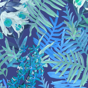 Orchids + Ferns Blue on Indigo 150