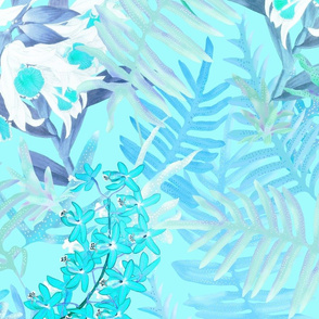 Orchids + Ferns Blue on Aqua 150