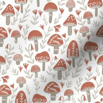 mushroom linocut fabric - muted colors, woodland, baby nurser fabric, mushroom fabric - rust