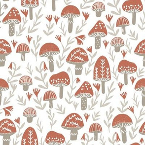 mushroom linocut fabric - muted colors, woodland, baby nurser fabric, mushroom fabric - rust