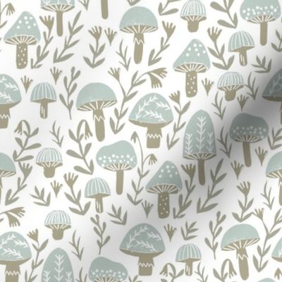 mushroom linocut fabric - muted colors, woodland, baby nurser fabric, mushroom fabric - mint