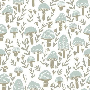 mushroom linocut fabric - muted colors, woodland, baby nurser fabric, mushroom fabric - mint