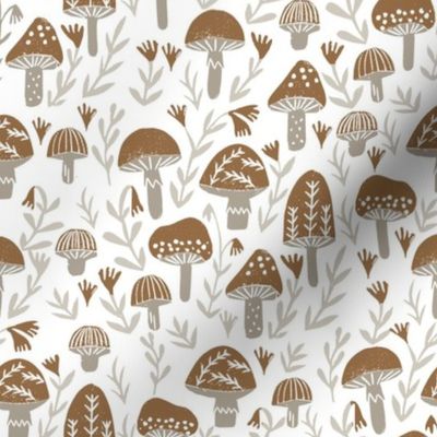 mushroom linocut fabric - muted colors, woodland, baby nurser fabric, mushroom fabric - brown