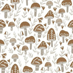 mushroom linocut fabric - muted colors, woodland, baby nurser fabric, mushroom fabric - brown