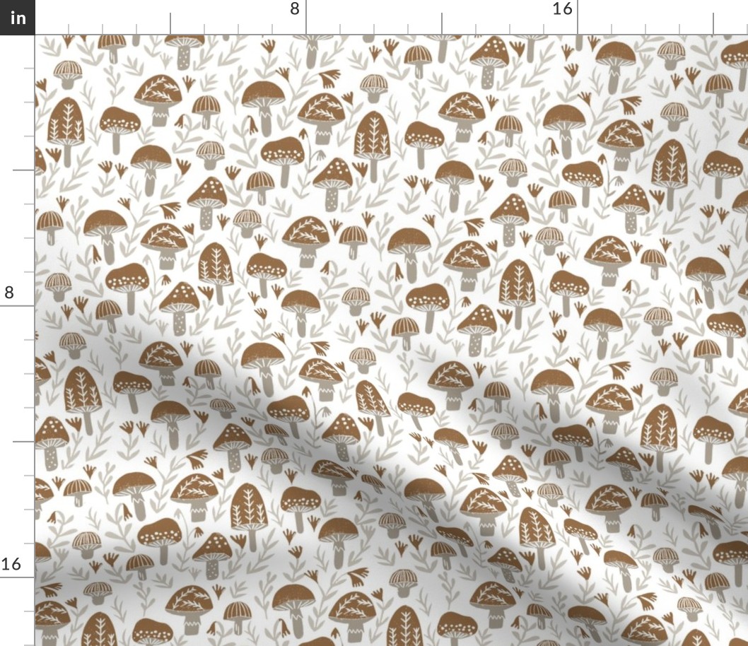 mushroom linocut fabric - muted colors, woodland, baby nurser fabric, mushroom fabric - brown