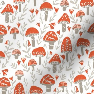 mushroom linocut fabric - muted colors, woodland, baby nurser fabric, mushroom fabric - red
