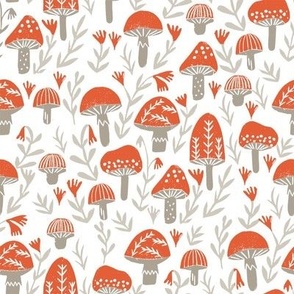 mushroom linocut fabric - muted colors, woodland, baby nurser fabric, mushroom fabric - red