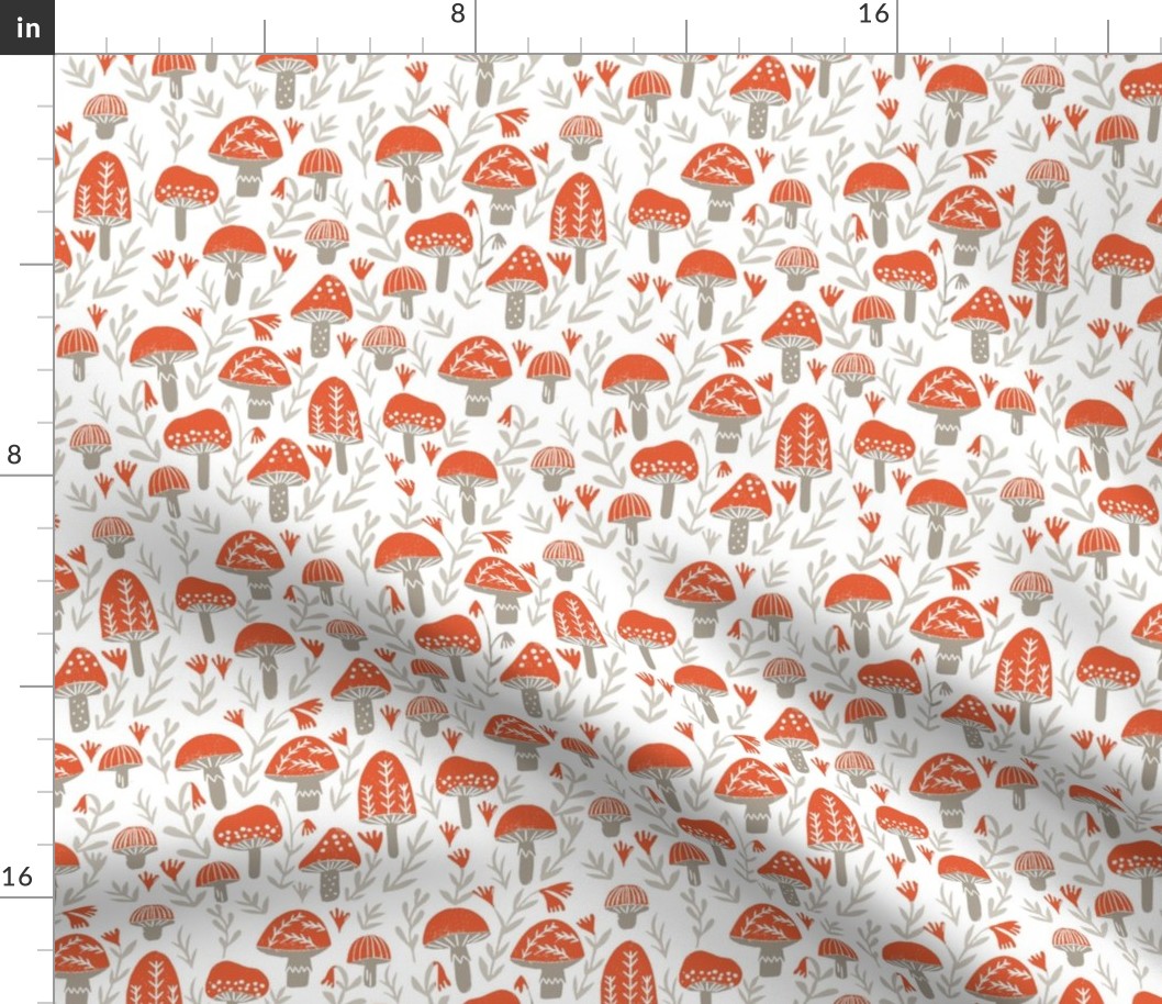 mushroom linocut fabric - muted colors, woodland, baby nurser fabric, mushroom fabric - red