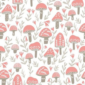 mushroom linocut fabric - muted colors, woodland, baby nurser fabric, mushroom fabric - pink