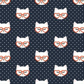 (small scale) cats with heart shaped glasses - cute valentines day kitty - red on dark blue - LAD19BS