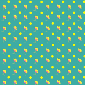 Yellow Dots And Flowers On Teal