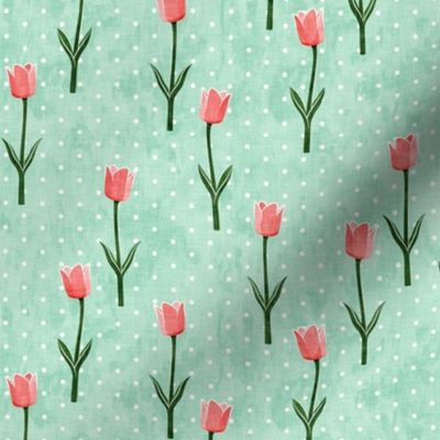 Tulips - spring flowers - pink on aqua with polka dots - LAD19
