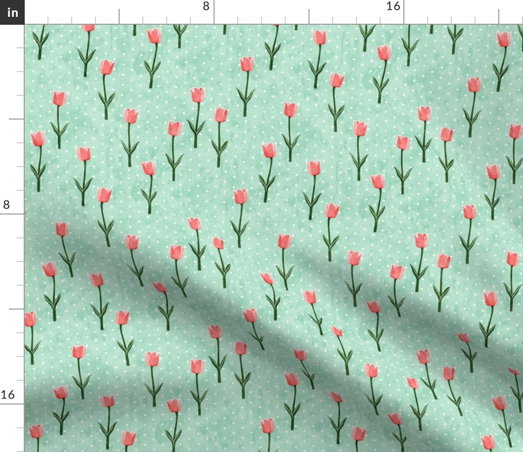 Tulips - spring flowers - pink on aqua with polka dots - LAD19