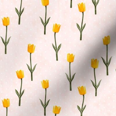Tulips - spring flowers - yellow on light pink with polka dots - LAD19