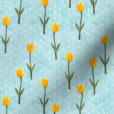 Tulips - spring flowers - yellow on blue with polka dots - LAD19