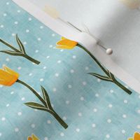 Tulips - spring flowers - yellow on blue with polka dots - LAD19