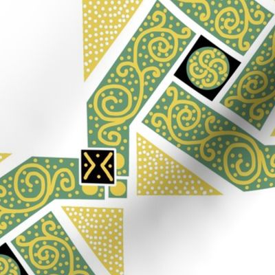 Green and Yellow Scrolls Whirling with Dots on White