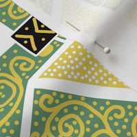 Green and Yellow Scrolls Whirling with Dots on White