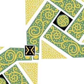 Green and Yellow Scrolls Whirling with Dots on White