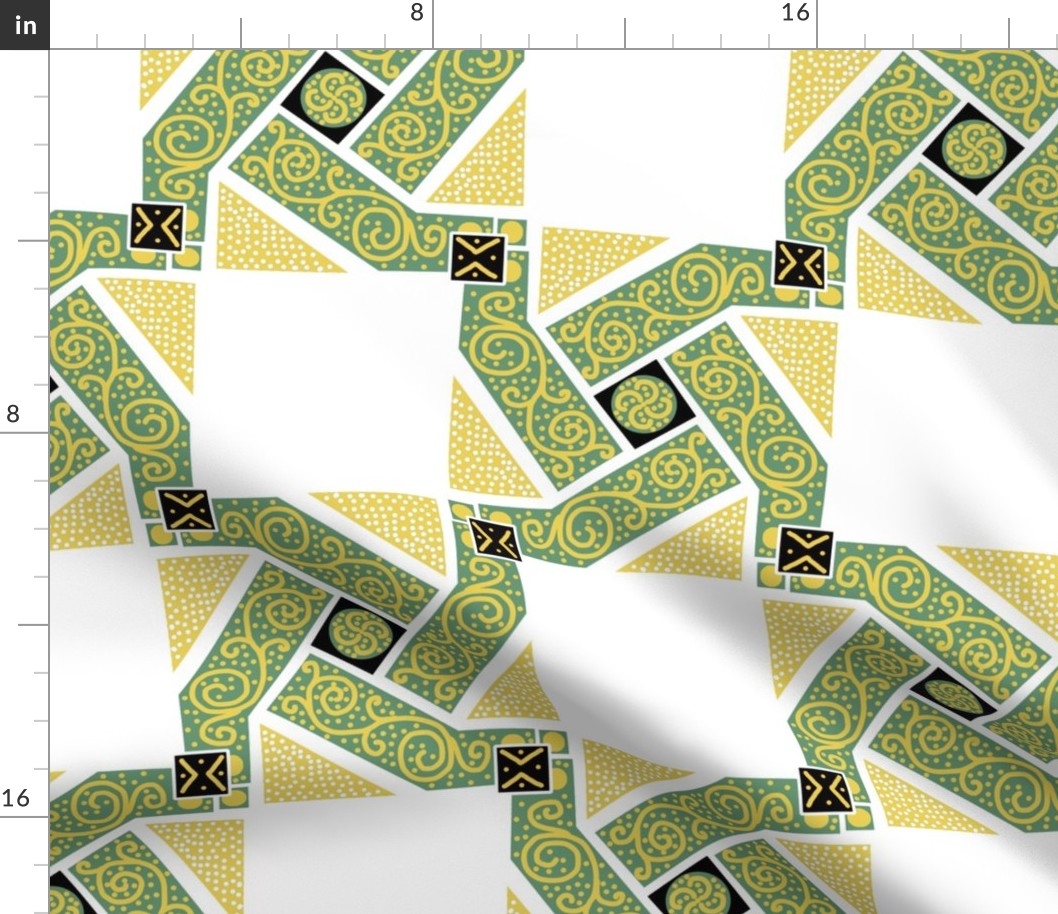 Green and Yellow Scrolls Whirling with Dots on White