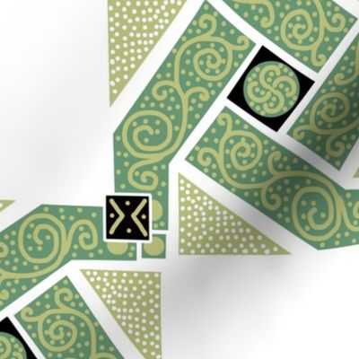 Two Shades of Green Scrolls Whirling with Dots on White