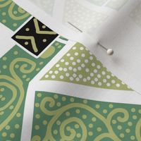 Two Shades of Green Scrolls Whirling with Dots on White