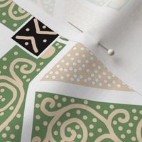 Green and Cream Scrolls Whirling with Dots on White