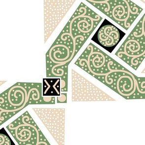 Green and Cream Scrolls Whirling with Dots on White