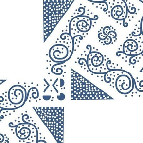 Blue Scrolls Whirling with Dots on White