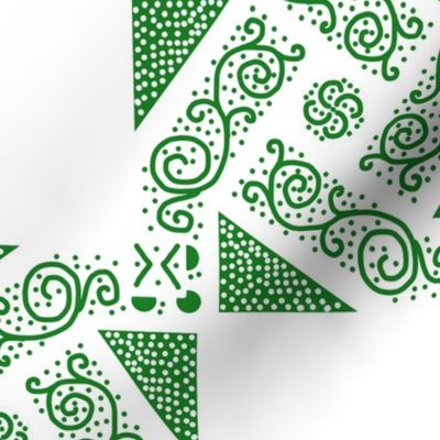 Green Scrolls Whirling with Dots on White