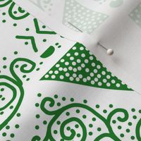 Green Scrolls Whirling with Dots on White