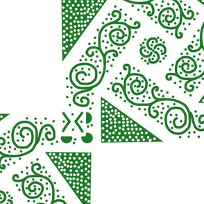 Green Scrolls Whirling with Dots on White