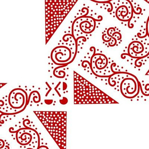 Red Scrolls Whirling with Dots on White