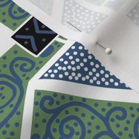 Blue and Green Scrolls Whirling with Dots on White