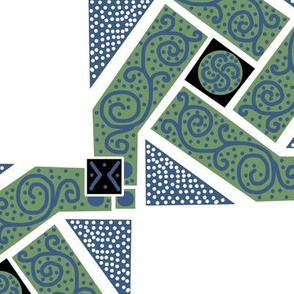Blue and Green Scrolls Whirling with Dots on White